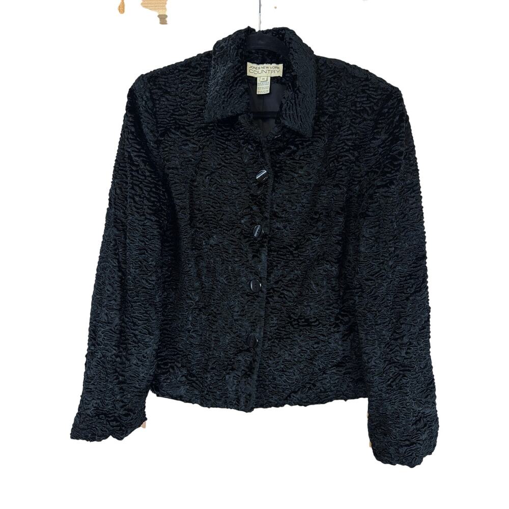 Vintage Jones New York Country Y2K Velvet Blazer Black Texture Button Up USA 16